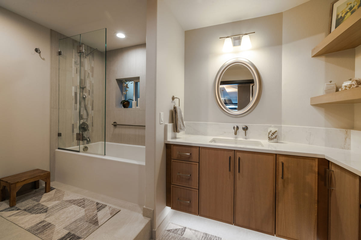 Sleek brown powder room with modern cabinetry, clean storage, and elegant finishes for a contemporary look.